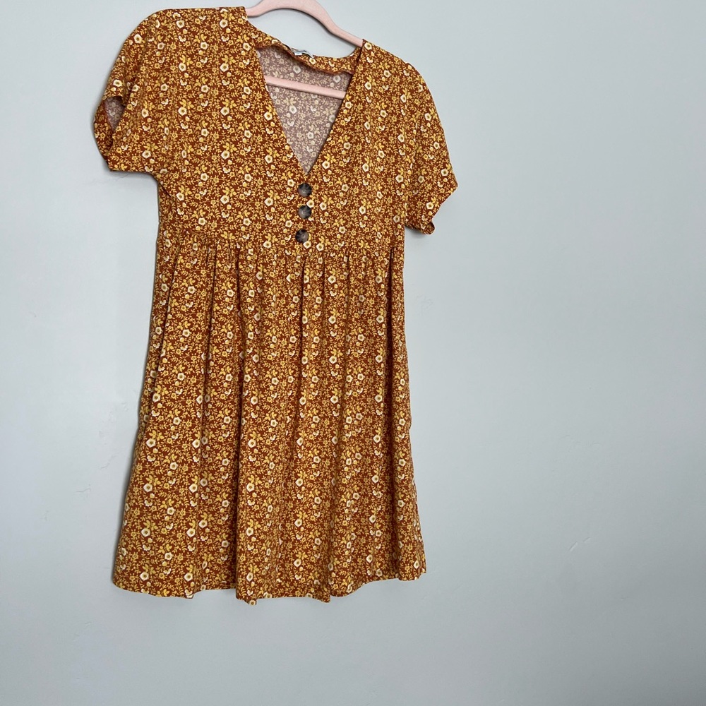 Madewell Yellow Floral Mini Dress Womens V Neck Swing Mustard